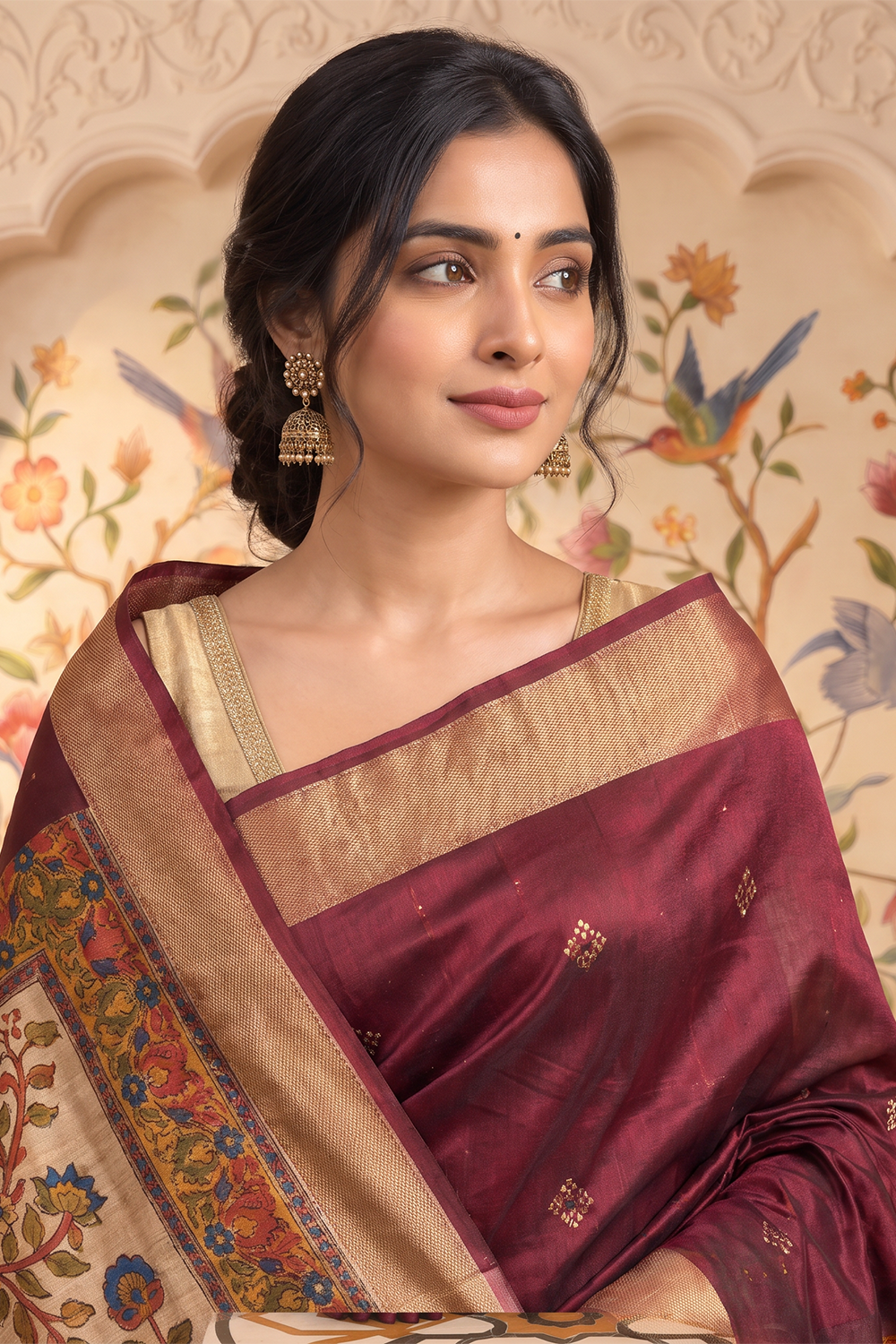 Maroon Cotton Printed And Woven Border Saree