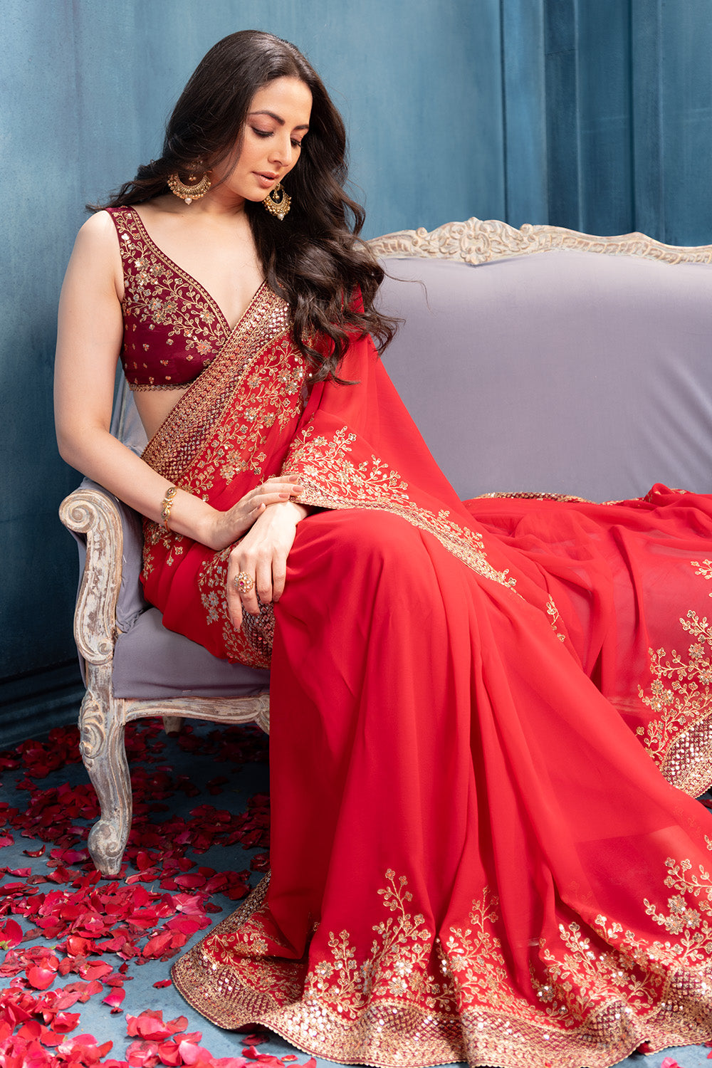 Rubi Red Pure Georgette Sequins Floral Embroidered Saree