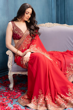 Rubi Red Pure Georgette Sequins Floral Embroidered Saree