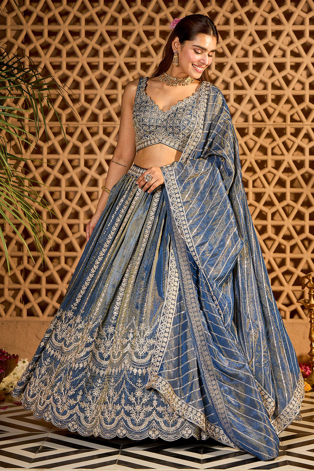 Blue Tissue Silk Embroidered Lehanga