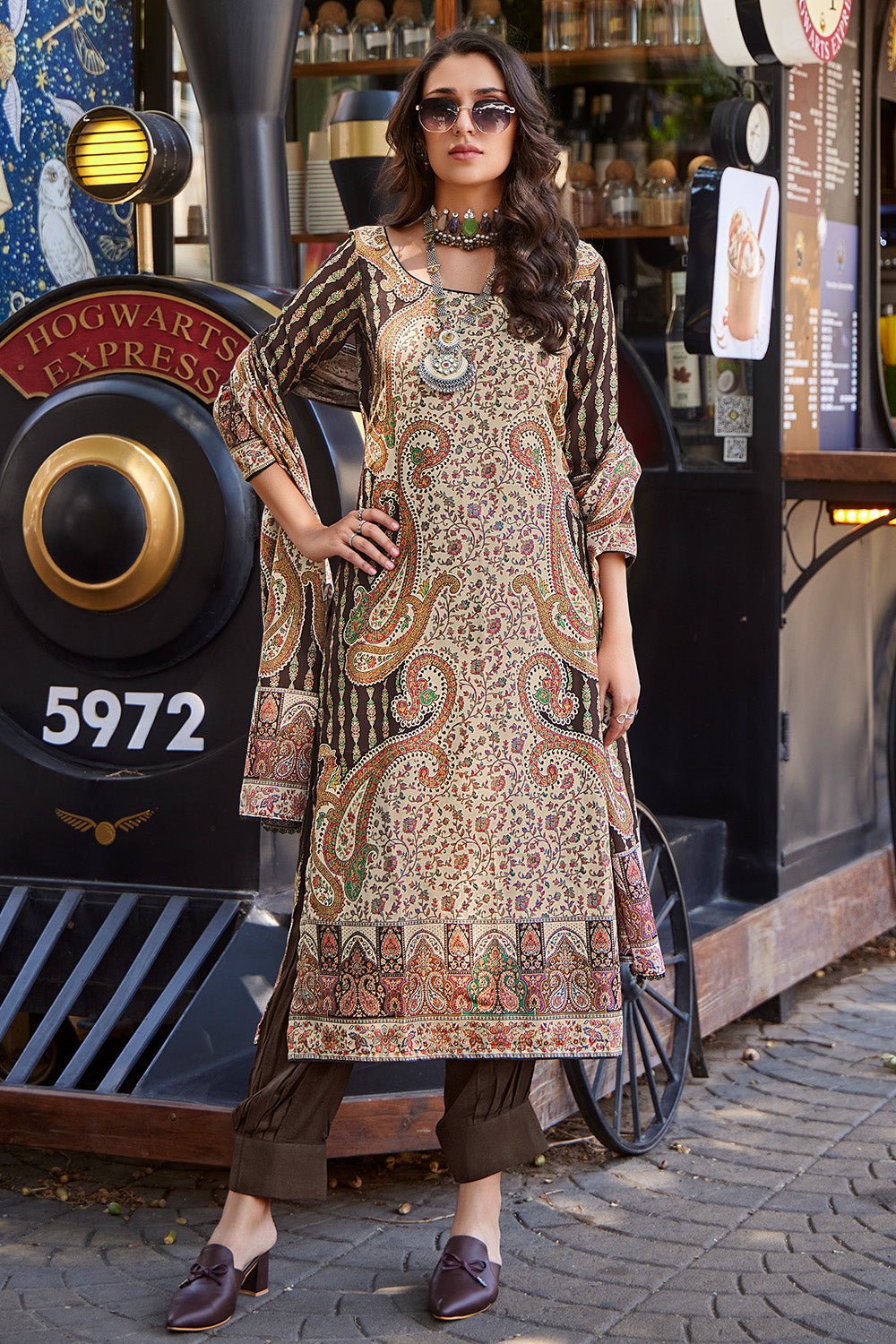 Beige & Brown Color Pashmina Printed Unstitched Suit Material