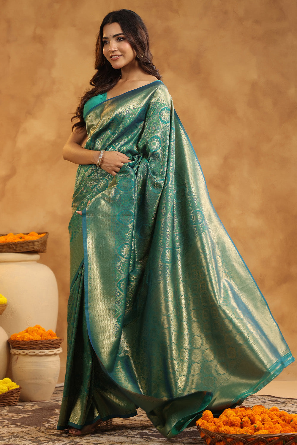 Teal Colour Silk Woven Saree