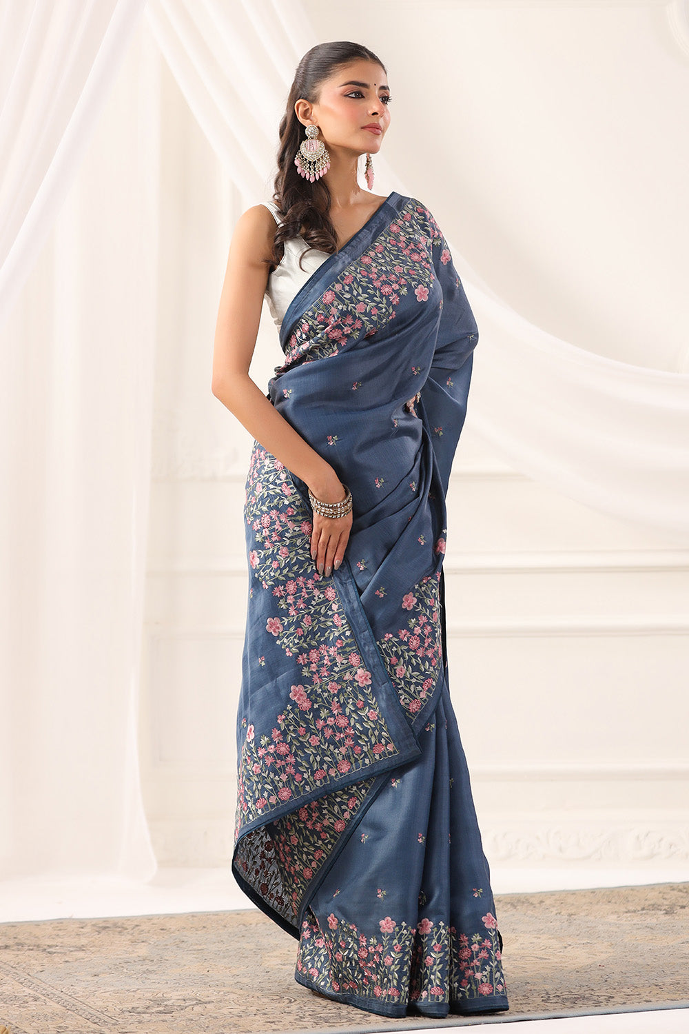 Greyish Blue Tussar Silk Resham Floral Embroidered Saree