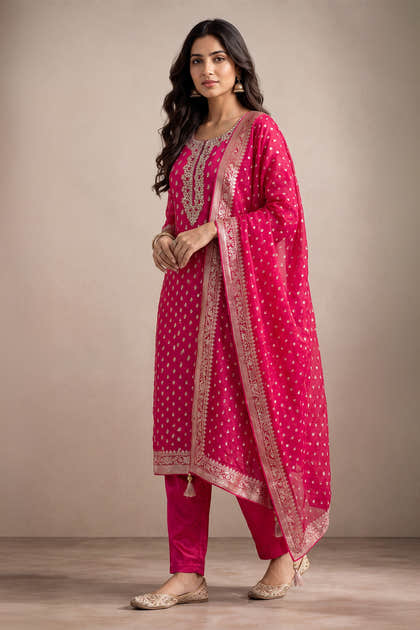 Rani Silk Zari Woven And Neck-Embroidered Unstitched Suit Material