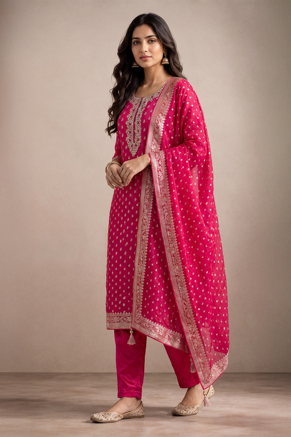 Rani Silk Zari Woven And Neck-Embroidered Unstitched Suit Material