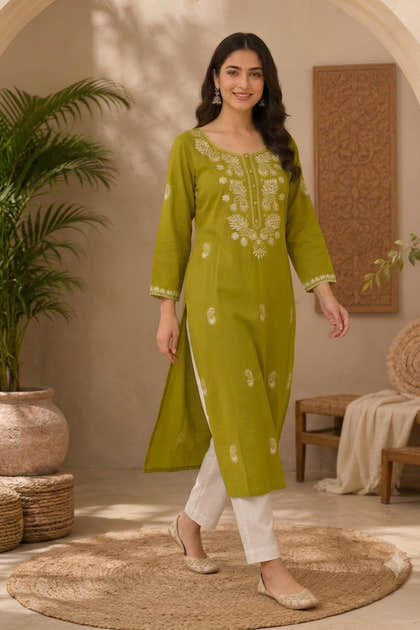 Sage Green Resham Embroidered Cotton Kurta