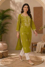 Sage Green Resham Embroidered Cotton Kurta