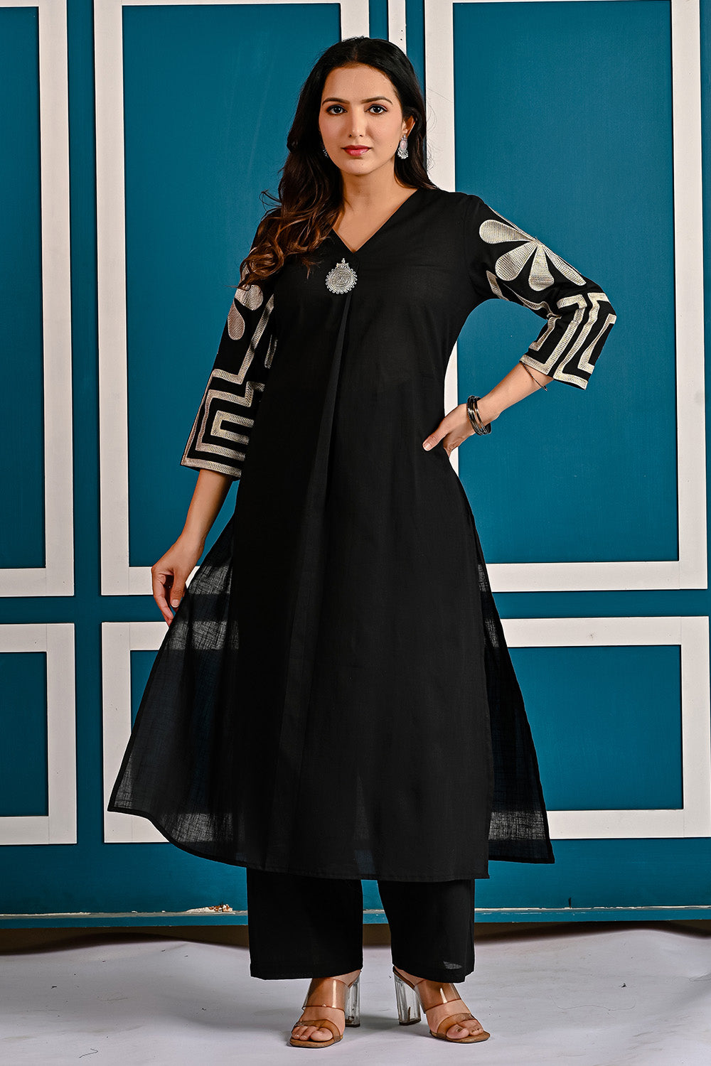 Black Floral Embroidered Cotton Kurta Set