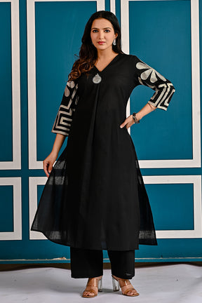 Black Floral Embroidered Cotton Kurta Set