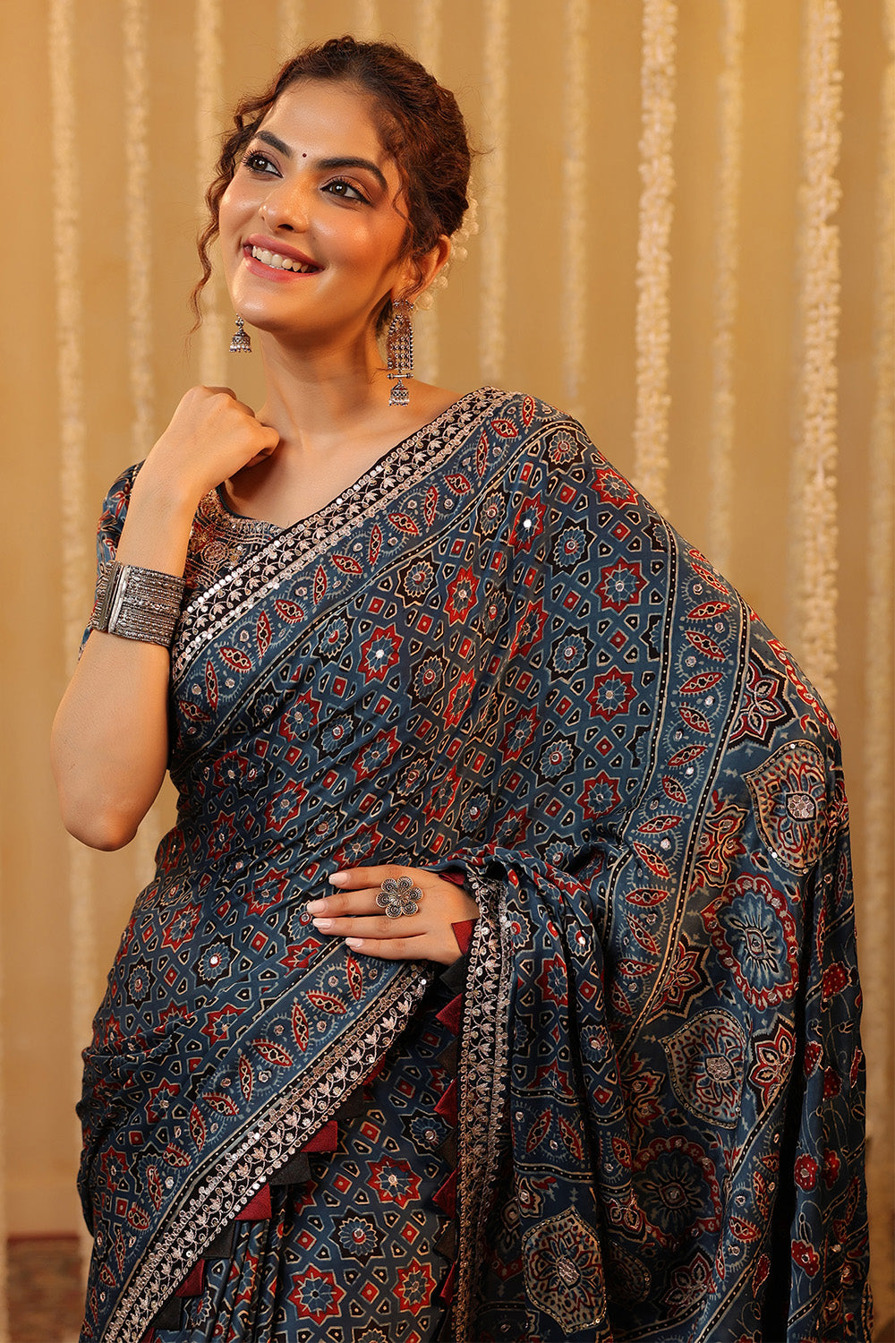 Navy Pure Mulberry Silk Printed And Embroidered Saree