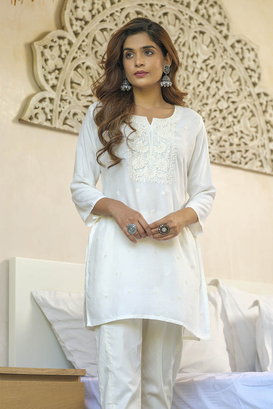 White Color Neck Embroidered Cotton Kurti