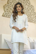 White Color Neck Embroidered Cotton Kurti