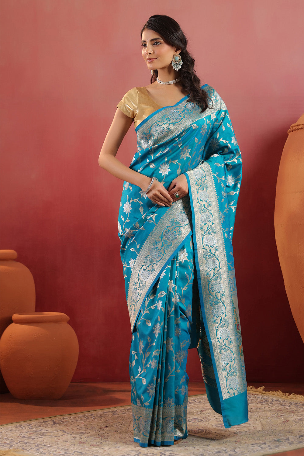Teal Blue Banarasi Silk Woven Saree