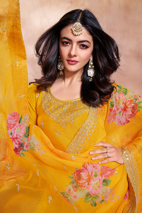 Yellow Crepe Silk Embroidered Suit With Palazzo