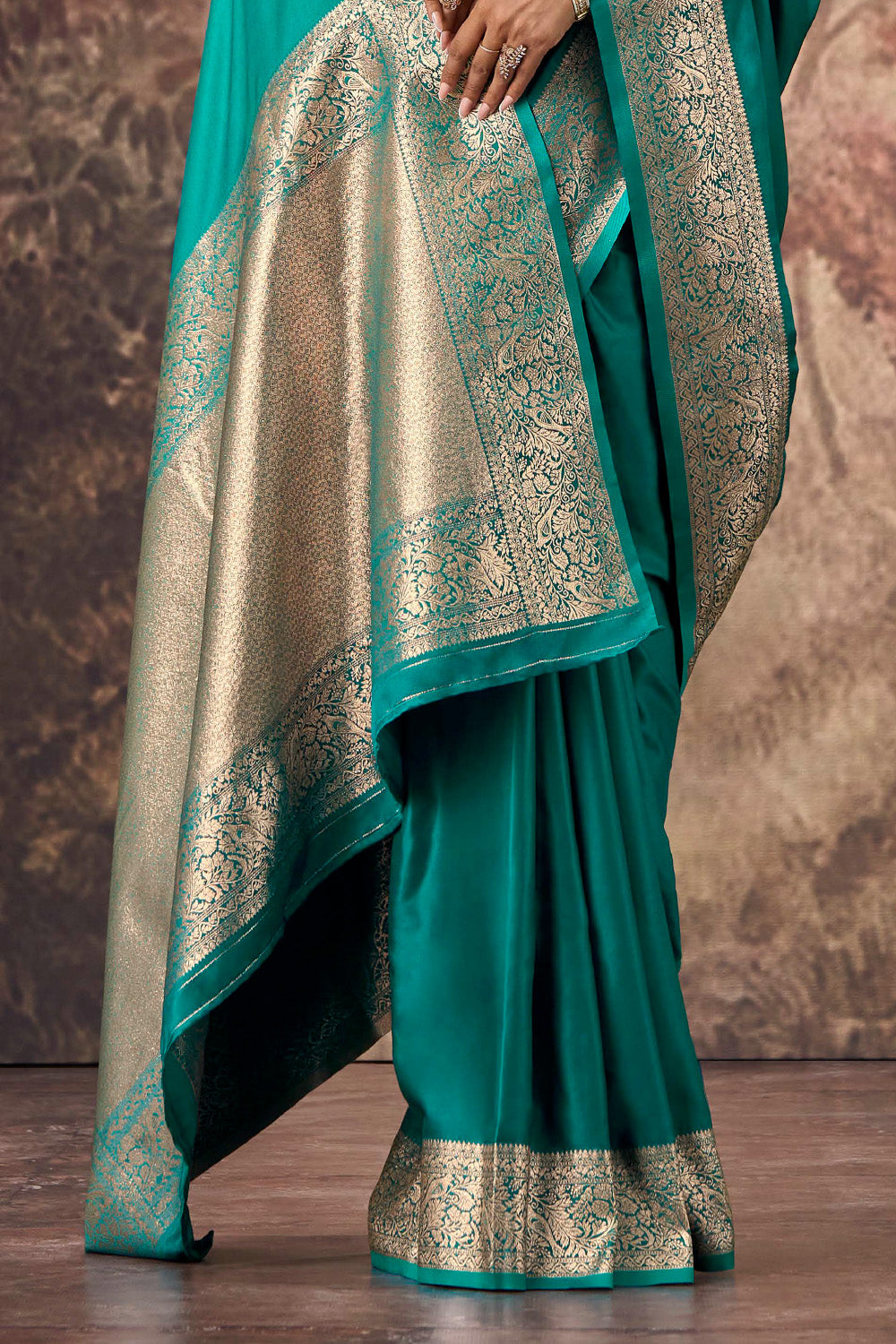 Teal Satin Mulberry Woven Saree