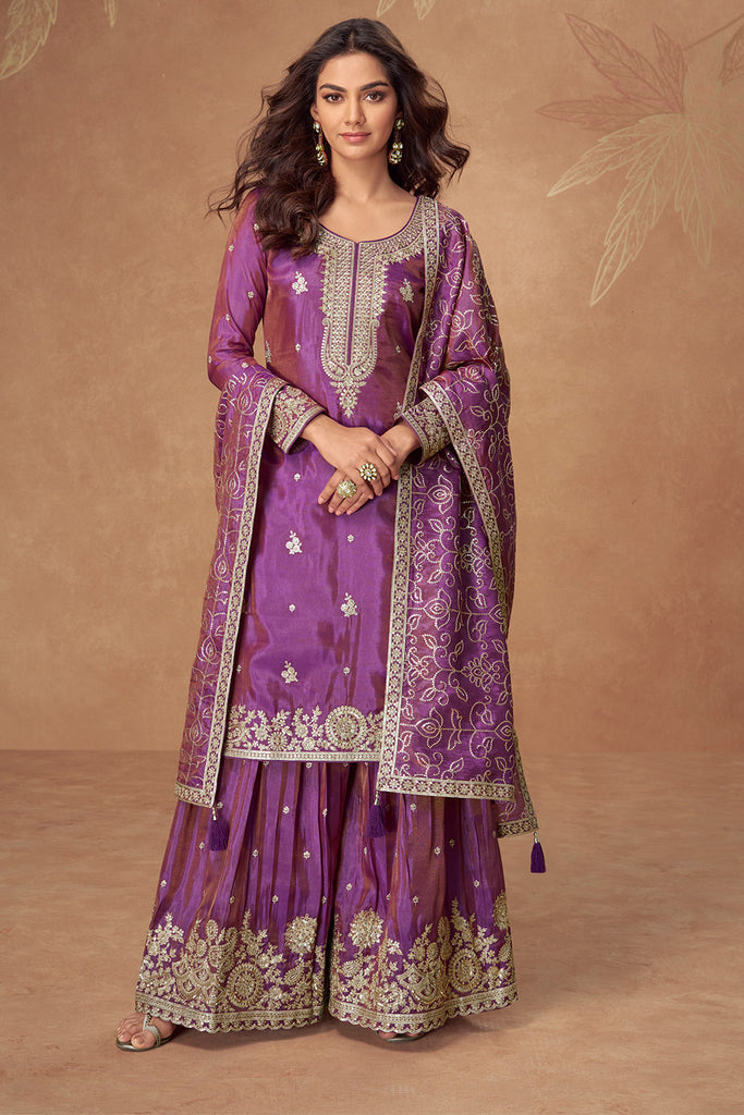 Purple Silk Zari And Sequins Embroidered Suit With Embroidered Palazzo