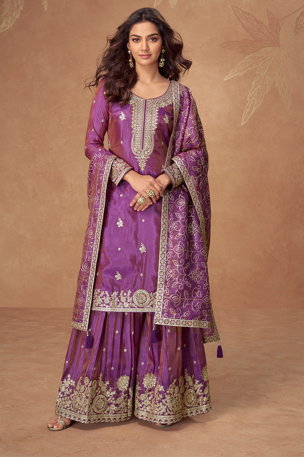 Purple Silk Zari And Sequins Embroidered Suit With Embroidered Palazzo