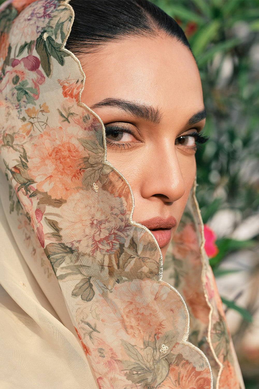 Beige Printed And Embroidered Cotton Unstitched Suit