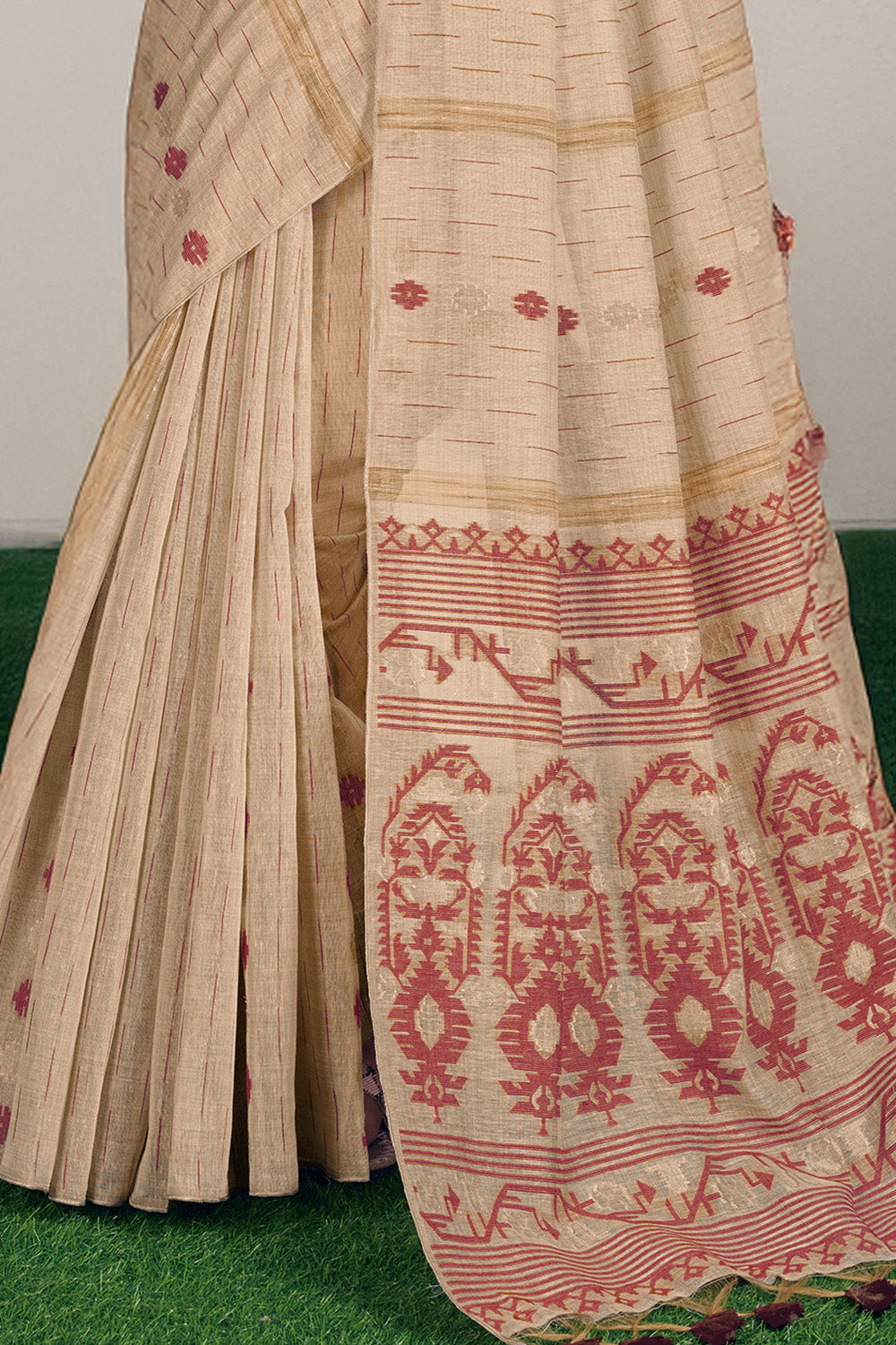Maroon & Beige Colour Resham Woven Cotton Saree