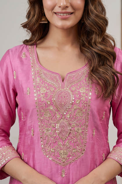 Dusty Pink Zari And Sequins Embroidered Silk Suit