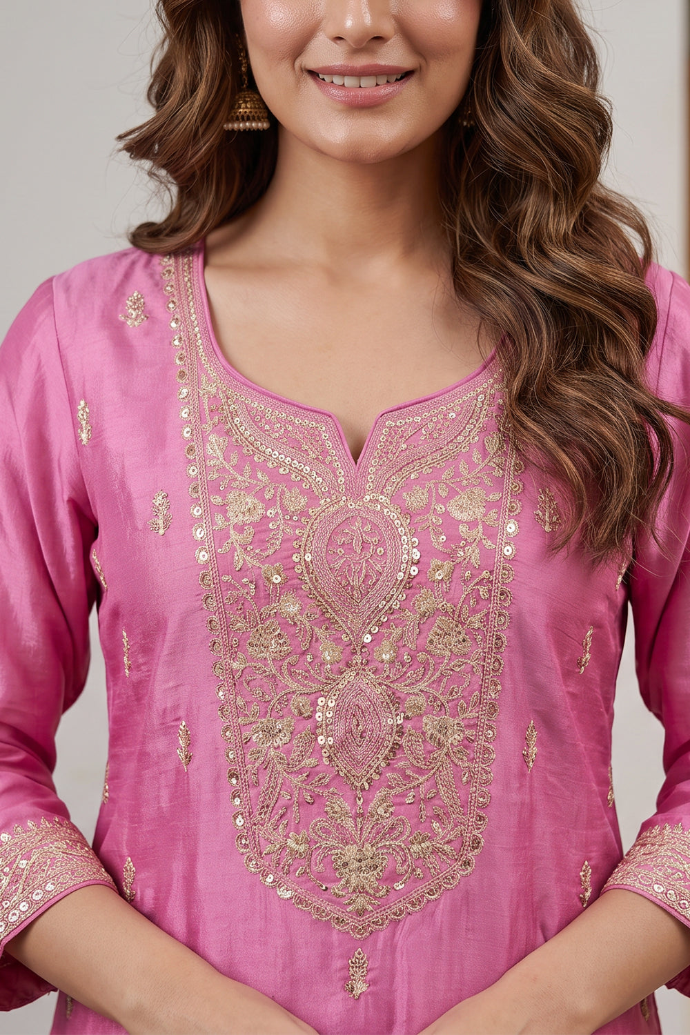 Dusty Pink Zari And Sequins Embroidered Silk Suit
