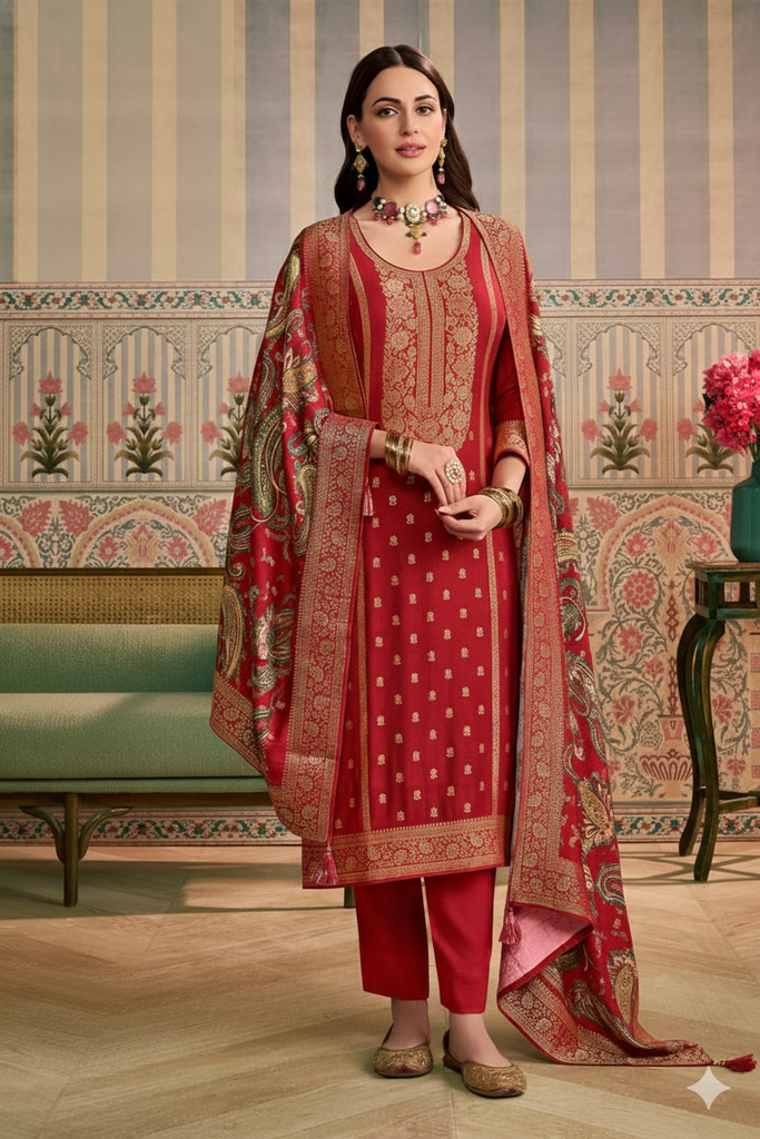 Maroon Color Pashmina Woven Unstitched Suit Material