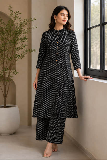 Black Cotton Printed Kurta Set