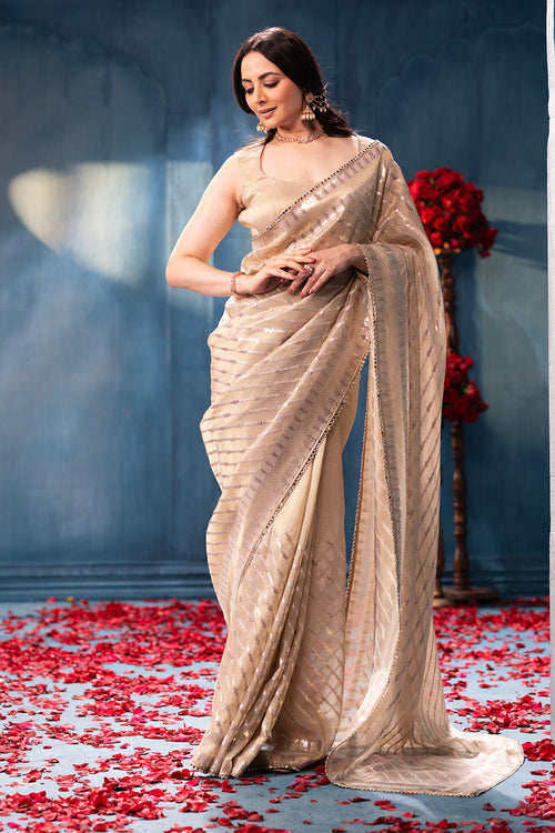 Cream Sequins and Resham Embroidered Matelic Tissue Saree