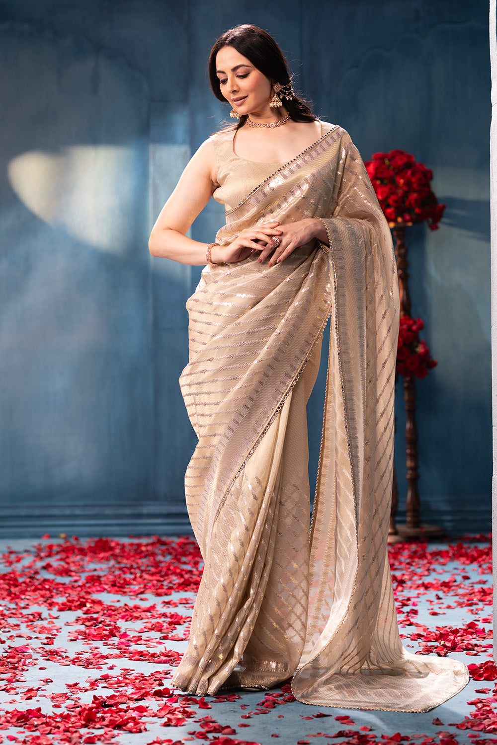 Cream Sequins and Resham Embroidered Matelic Tissue Saree