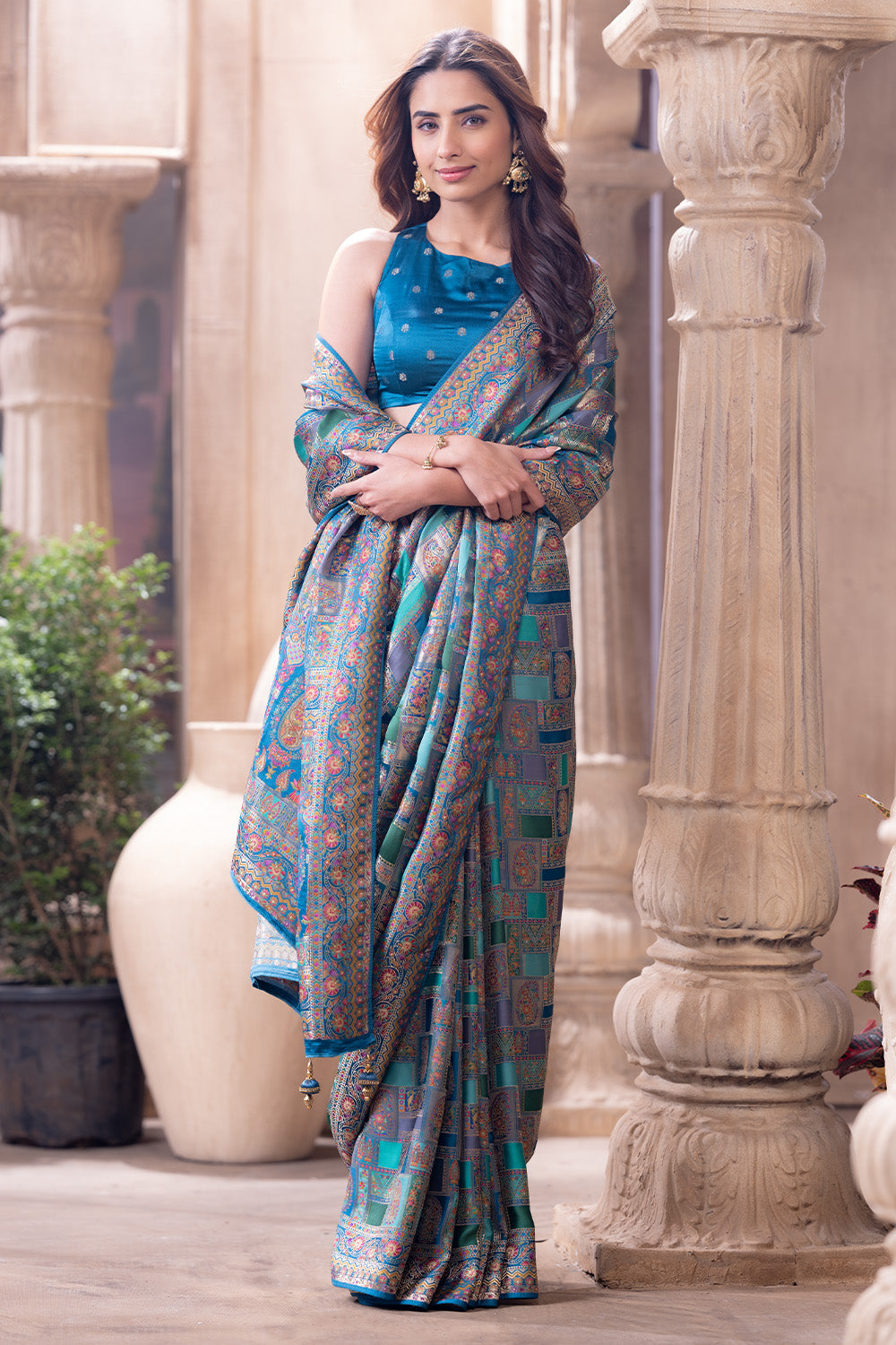 Teal Blue Position Print Woven Silk Saree