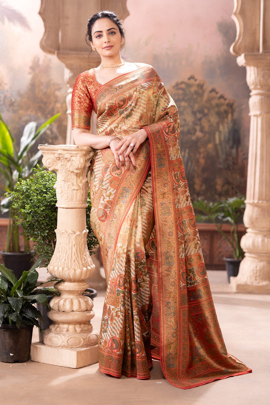 Beige Colour Position Print Woven Silk Saree