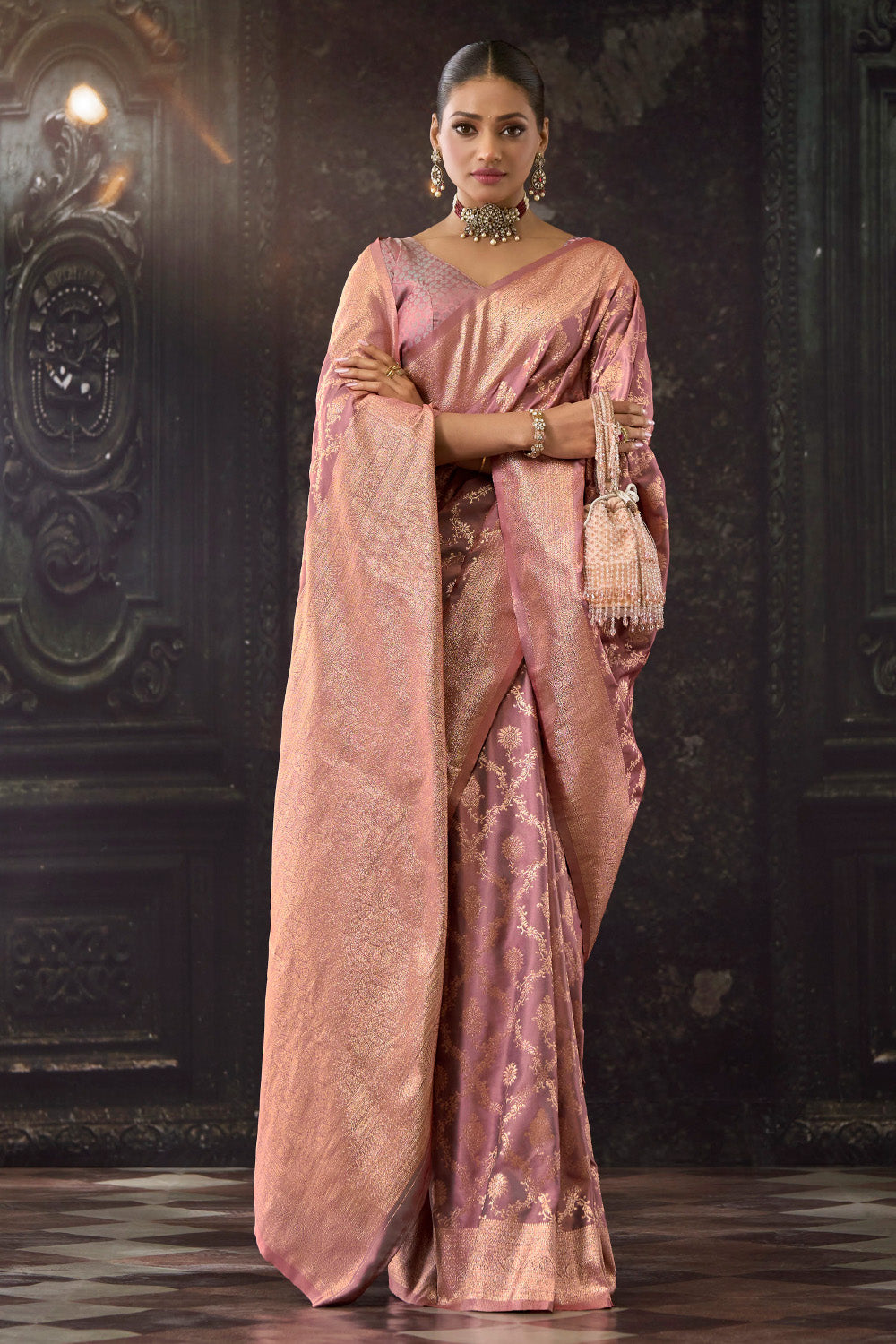 Dusty Pink Katan Silk Banarasi Woven Saree