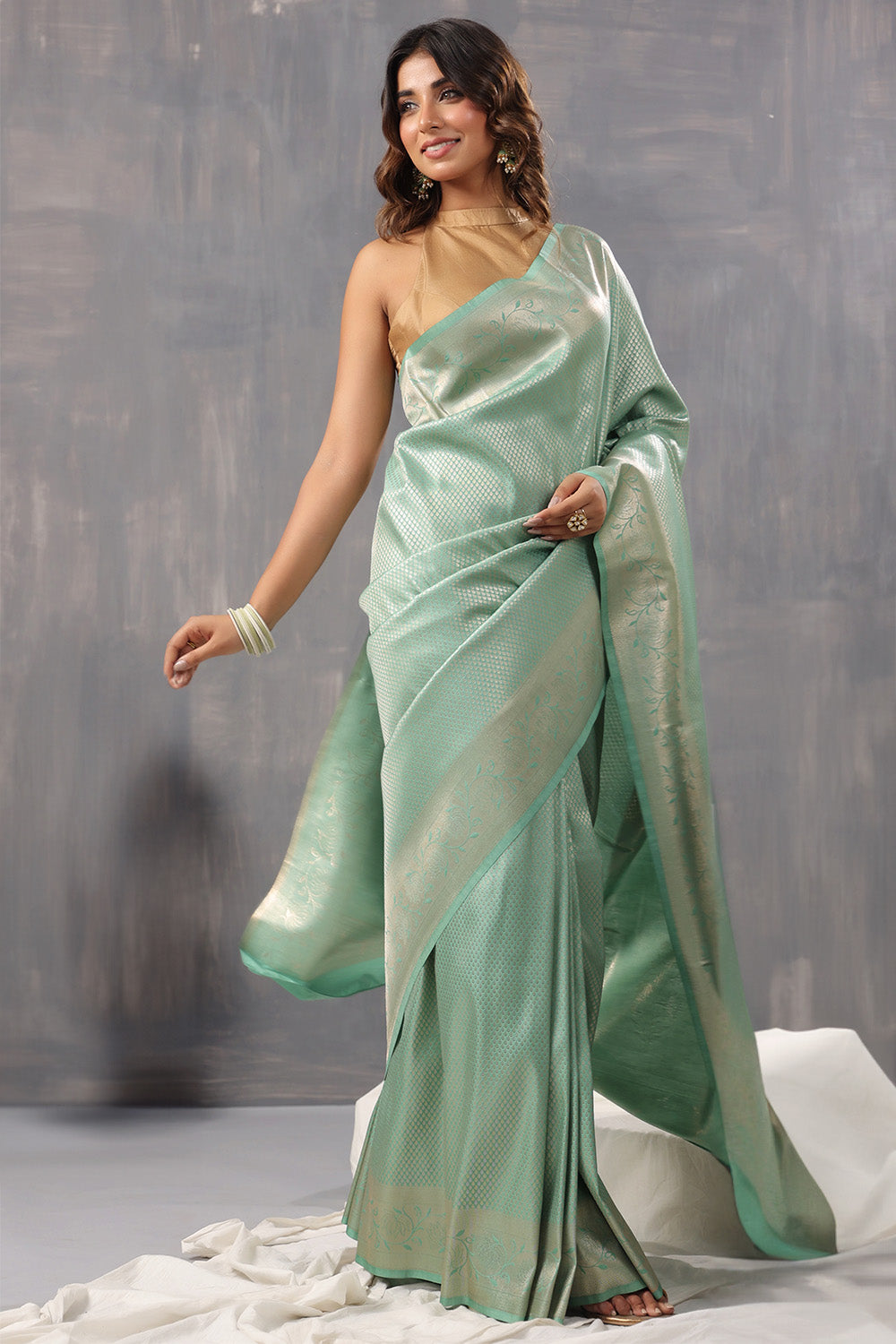 Sea Green Color Silk Woven Saree