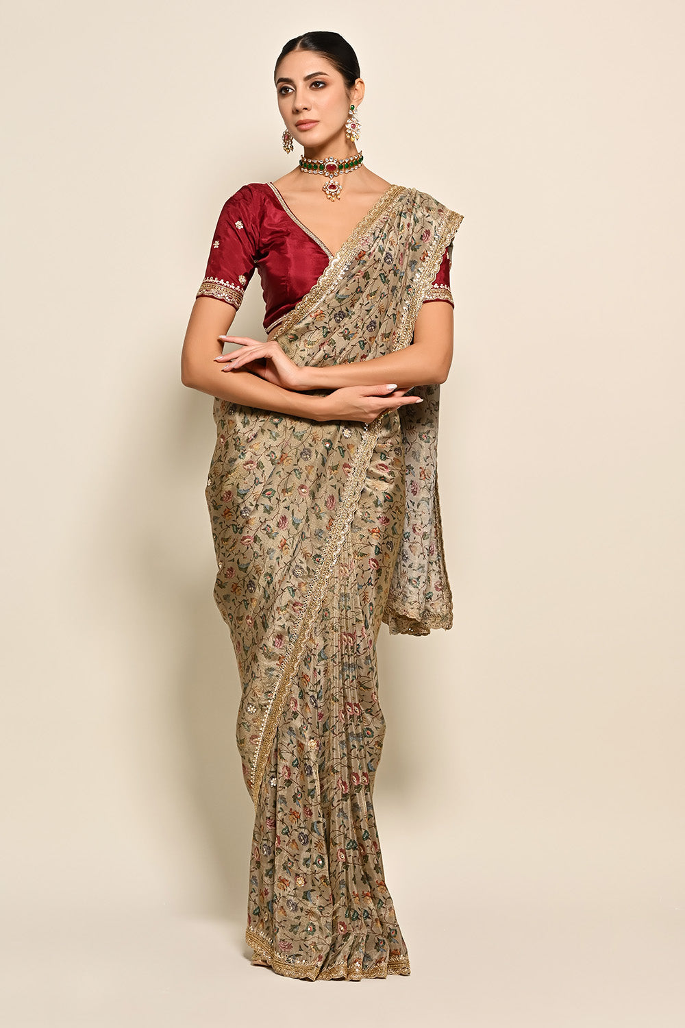 Beige Color Tussar Silk Digital Printed Saree