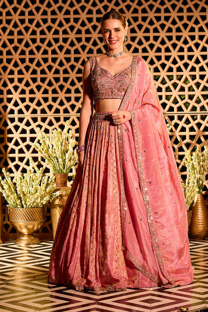 Pink Tissue Silk Embroidered Lehanga