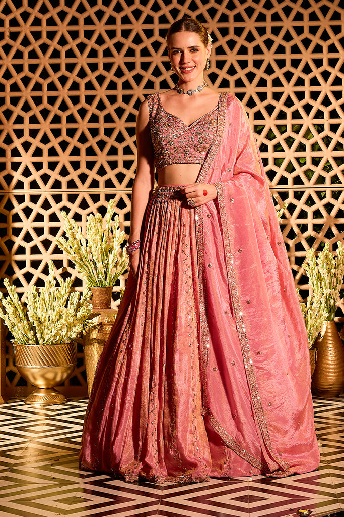 Pink Tissue Silk Embroidered Lehanga