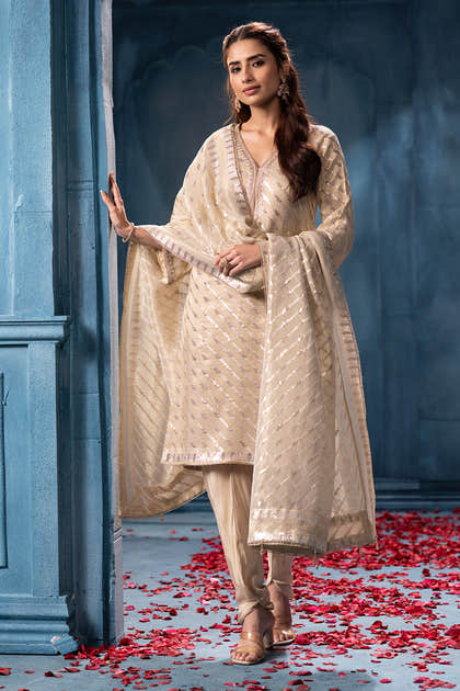 Cream Pure Metallic Tissue Sequins Embroidered Suit
