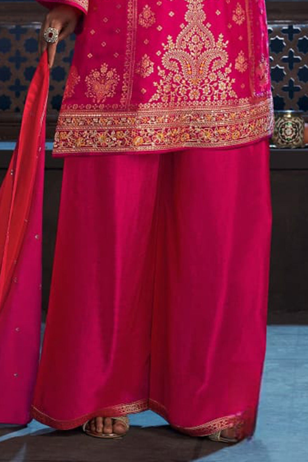 Hot Pink Silk Woven And Embroidered Suit With Palazzo
