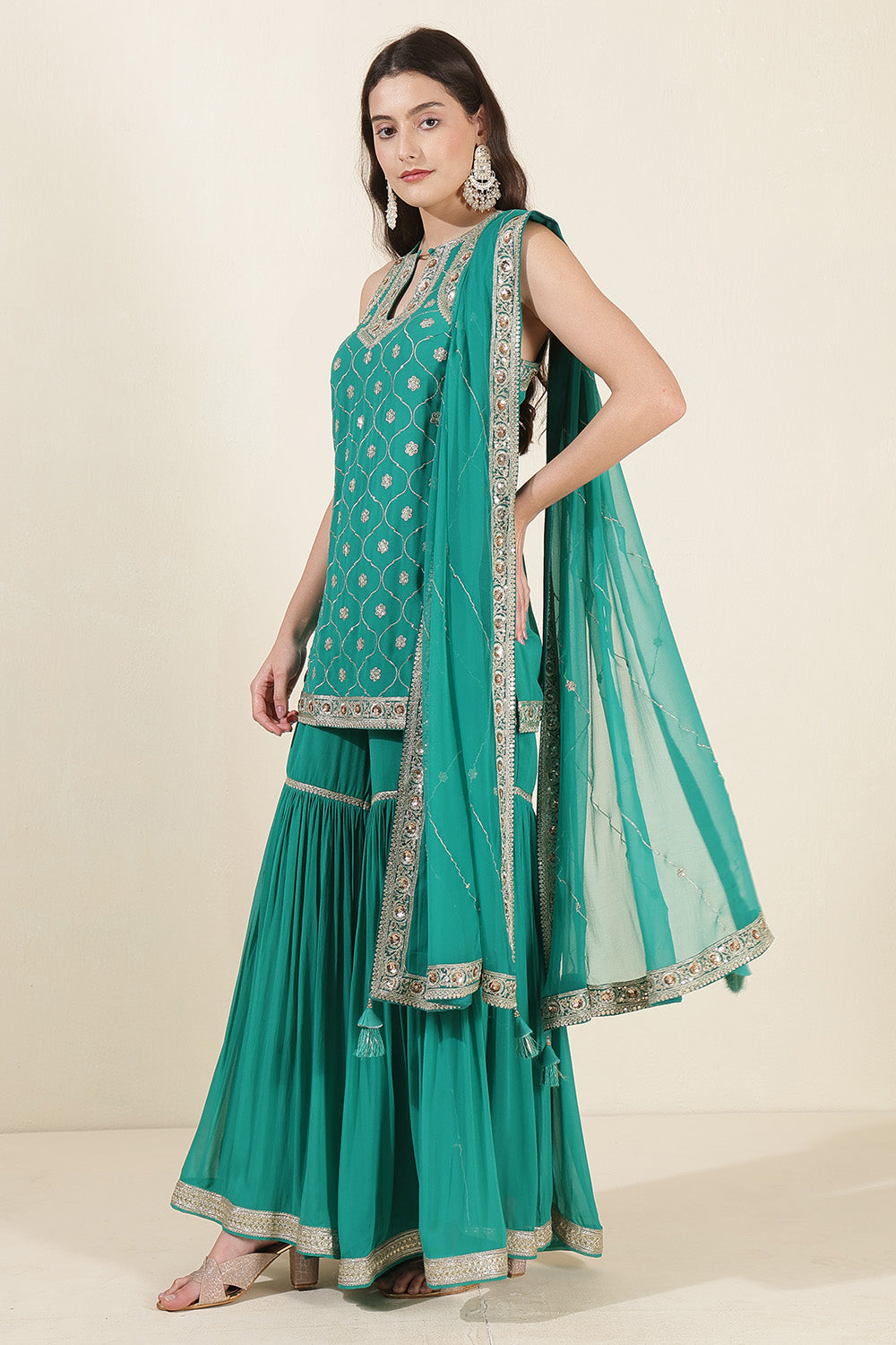 Teal Green Color Georgette Zari & Sequins Embroidered Suit With Gharara