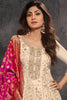Cream Silk Neck Embroidered And Zari Woven Anarkali Suit With Woven Dupatta Set
