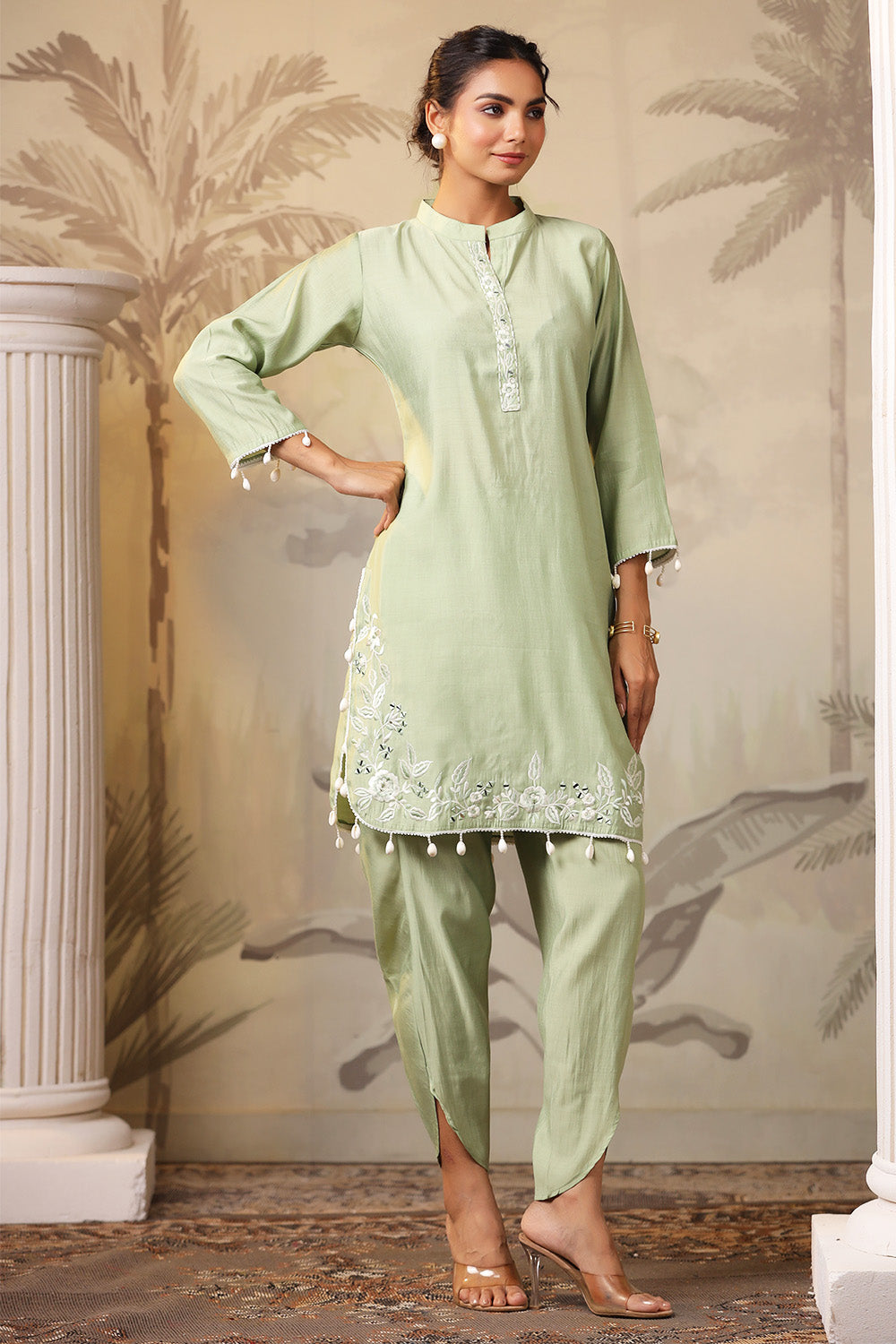 Pista Green Solid Color Muslin Kurta Set