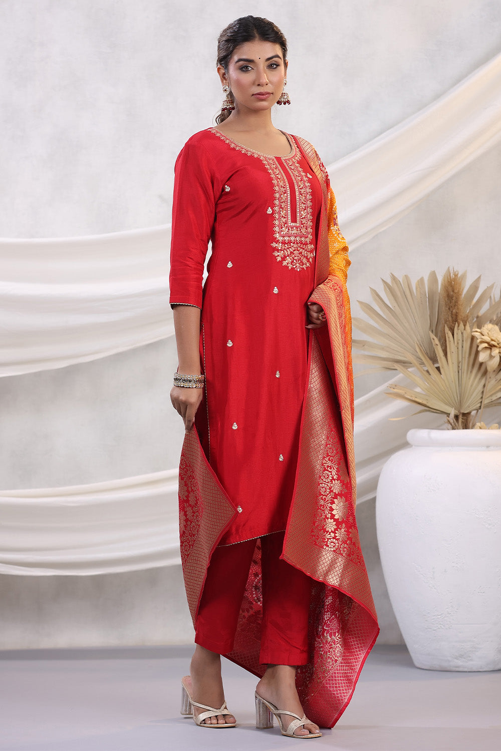 Red Color Chanderi Silk Embroidered Unstitched Suit Material With Bandhani Printed Duppata