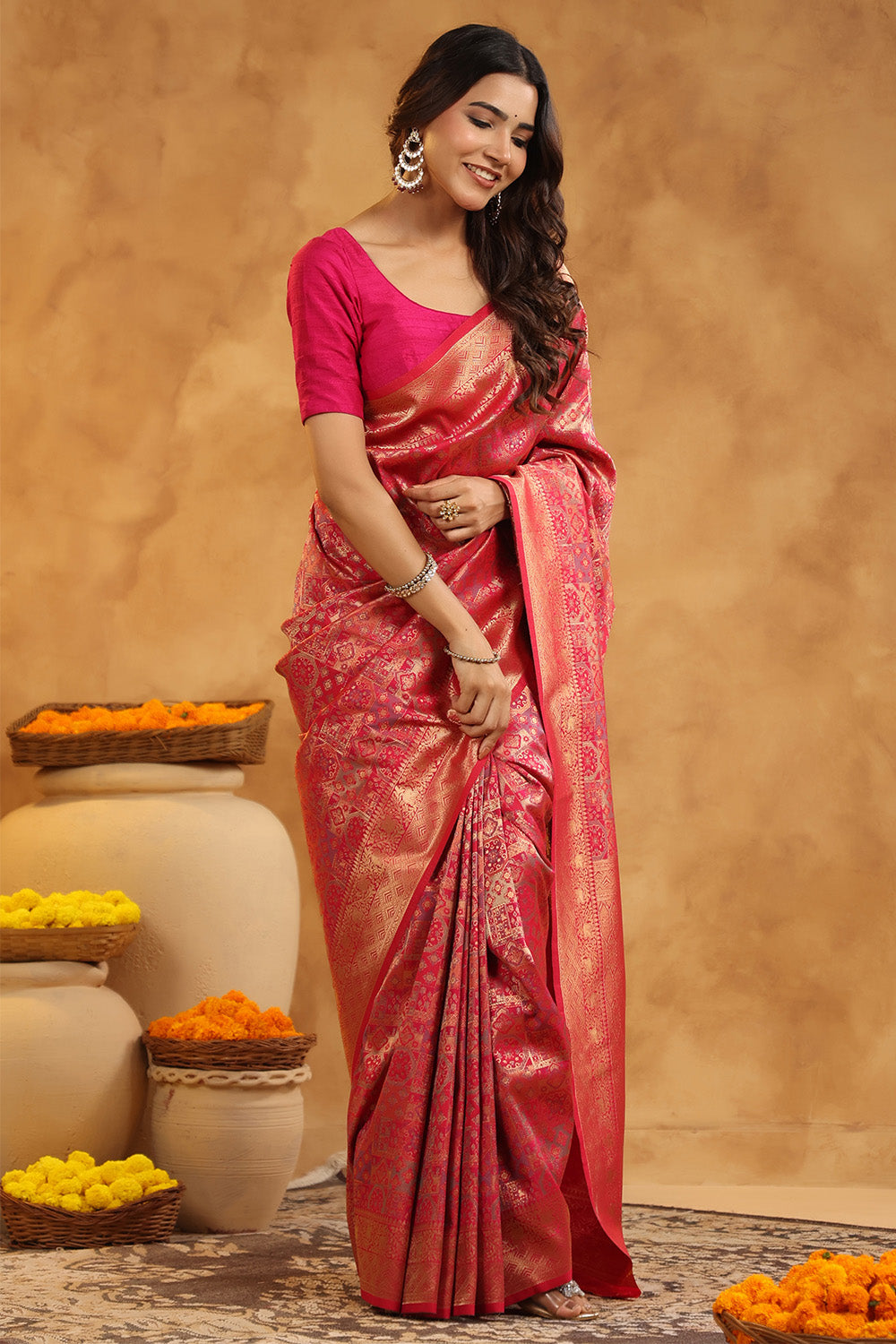 Fuchsia Color Zari Woven Saree