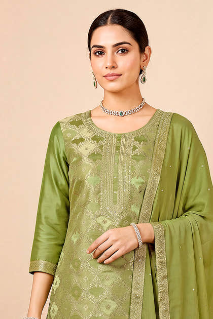 Green Silk Woven Unstitched Suit Fabric