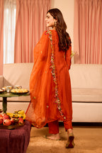 Rust Floral Hand-Embroidered Silk Straight Suit