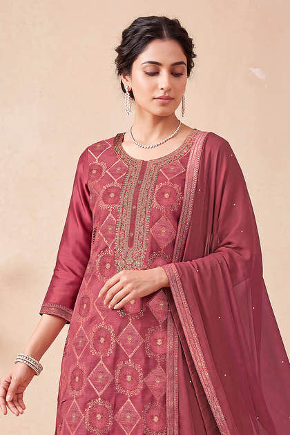 Light Maroon Zari Woven Silk Unstitched Suit Fabric