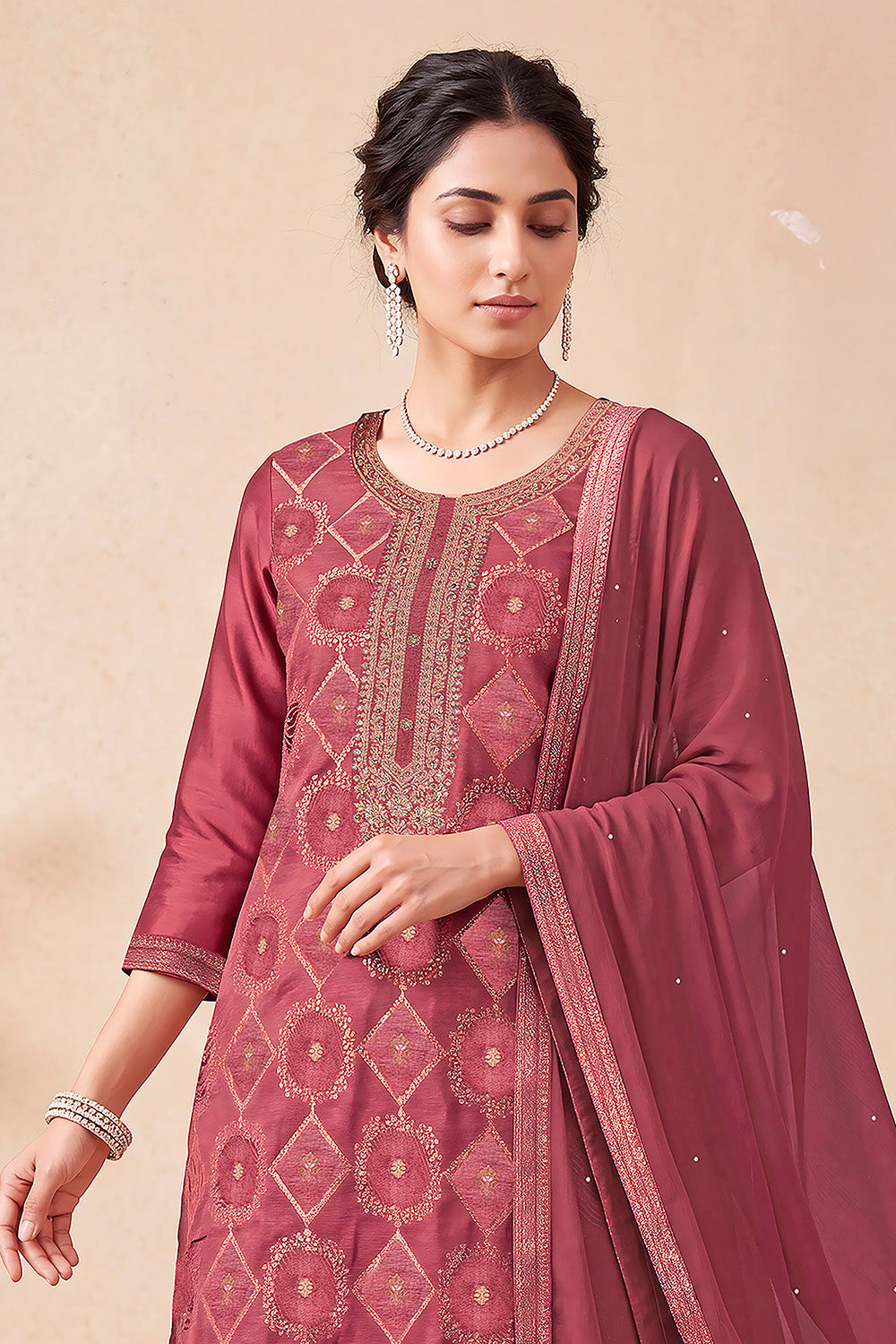 Light Maroon Zari Woven Silk Unstitched Suit Fabric