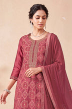 Light Maroon Zari Woven Silk Unstitched Suit Fabric