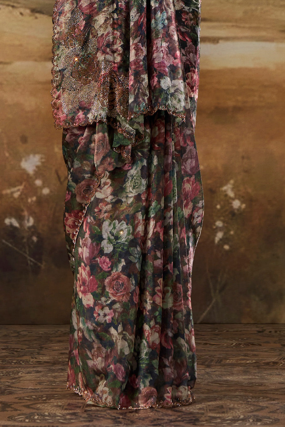 Brown Shimmer Floral Printed Saree with Swarovski Work on Border