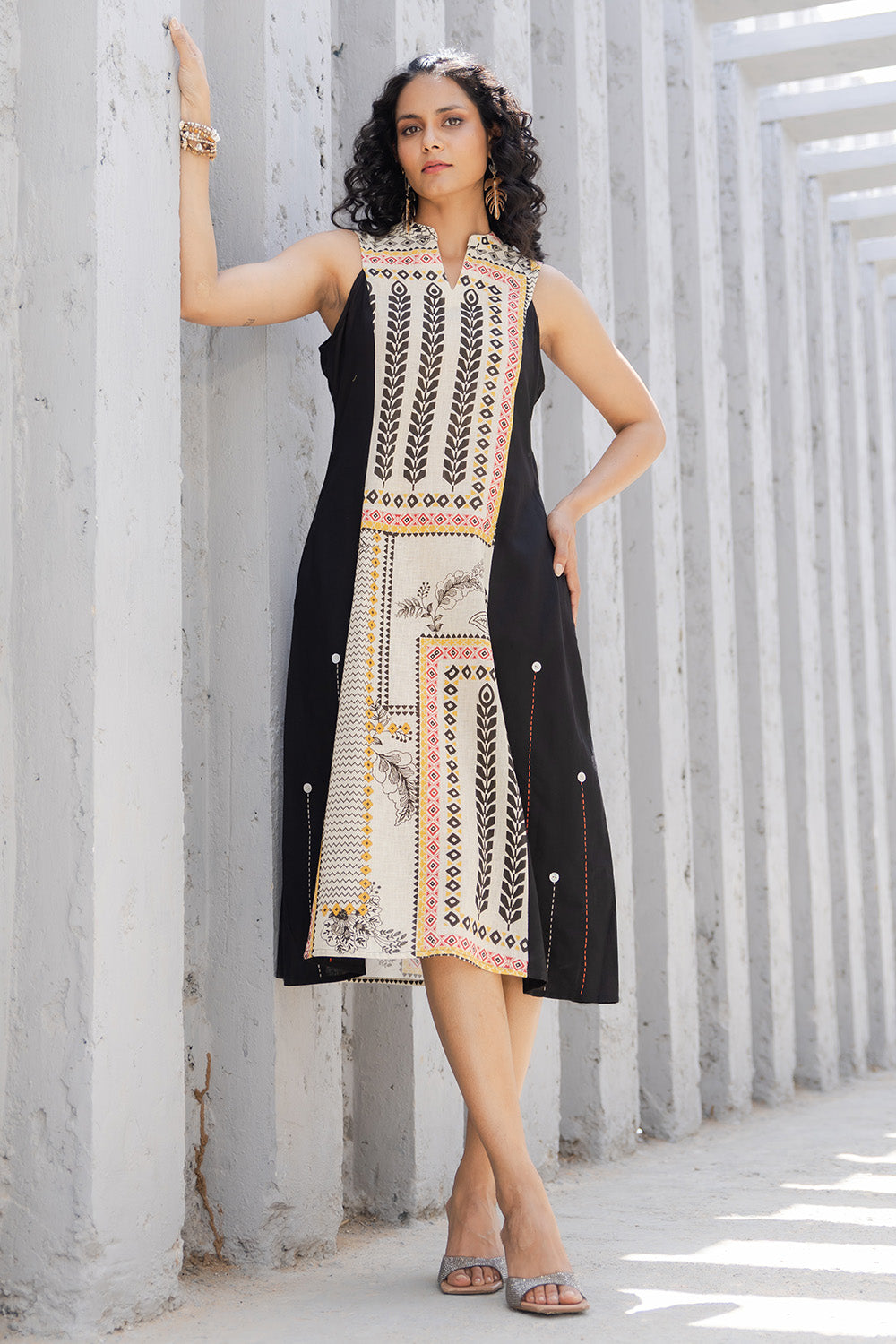 Cream & Black Colour Cotton Printed Peonies Dress